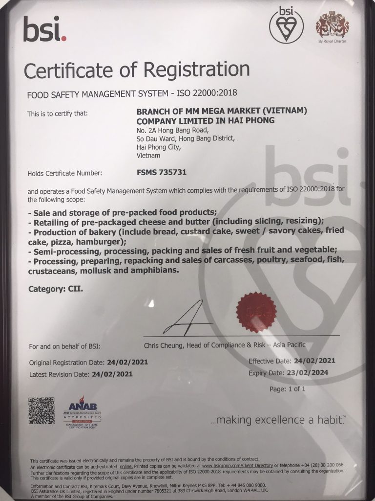MM Hong Bang obtained ISO 22000: 2018 certificate